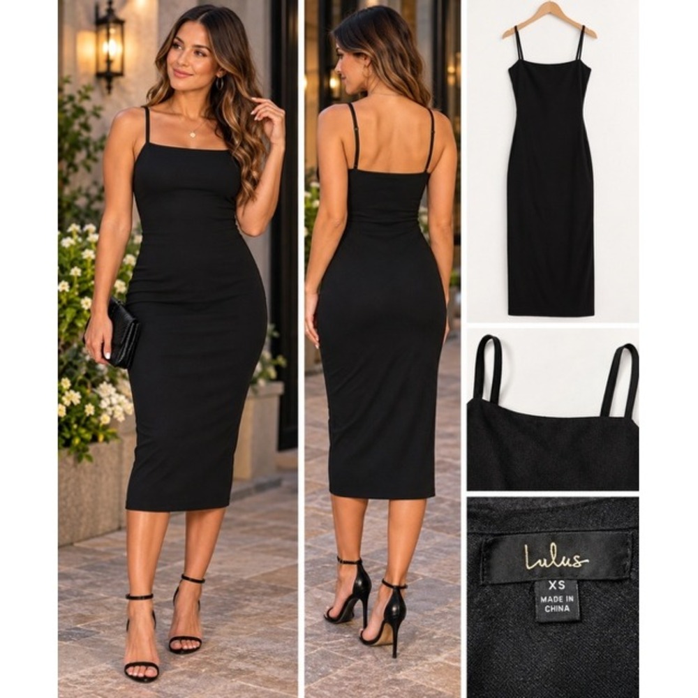 Lulus Black Bodycon Midi Dress Square Neck Adjustable Straps Exposed Zipper XS